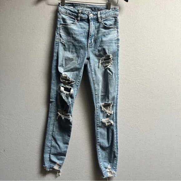 American Eagle Outfitters High Rise Jegging distressed frayed skinny jeans Sz 0 - Picture 2 of 13